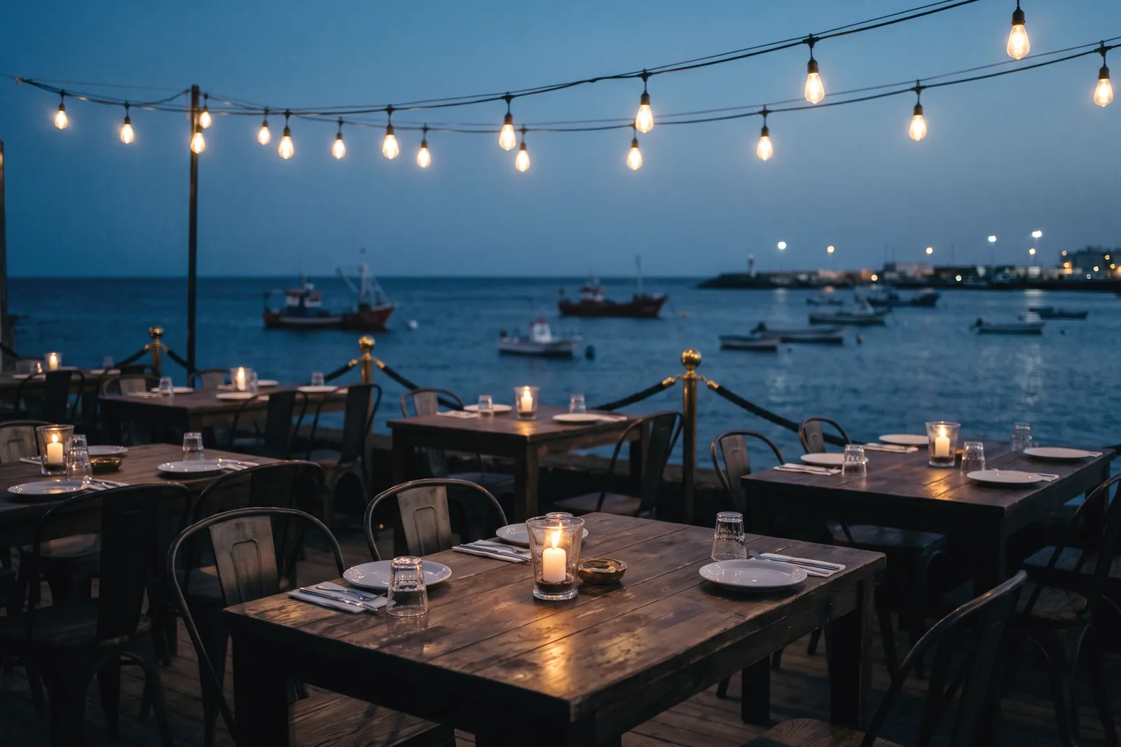 Terraza de un restaurante junto al mar al anochecer, con las mesas puestas, velas encendidas y barcas al fondo